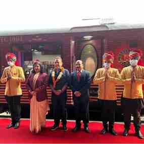 Group of people welcoming on the train 